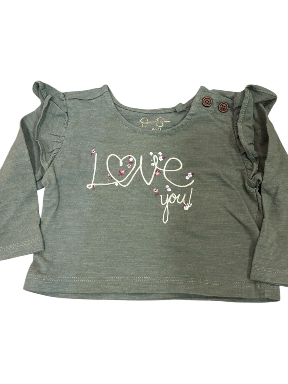 🟡Jessica Simpson Olive Green Ruffle-Shoulder Long Sleeve Top